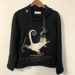 VTG Holiday‎ Cat Sweater Susan Bristol Knit Hand Embroidered Sequin Kitsch PL